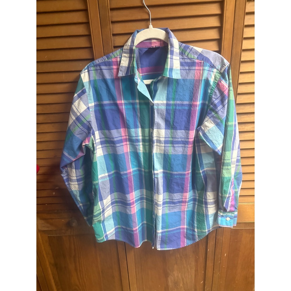 Gap Vintage Plaid Button Down Shirt XS Blue Green Purple Pink Cotton Long Sleeve